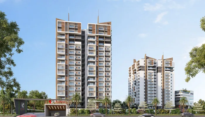 Ongoing residential project by Vajram Constructions featuring modern towers and landscaped frontage